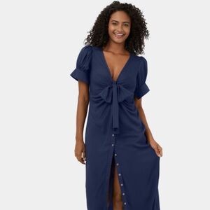 Halara Deep V Neck Bishop Sleeve Button Lace Up Ruched Midi Dress Medium